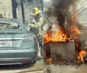 Carga su Tesla en un poste con "diablitos", termina destruyendo el auto y la casa