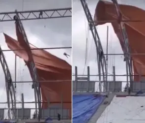 Imágenes sorprendentes: trabajador del Estadio GNP queda colgado de una lona debido al fuerte viento