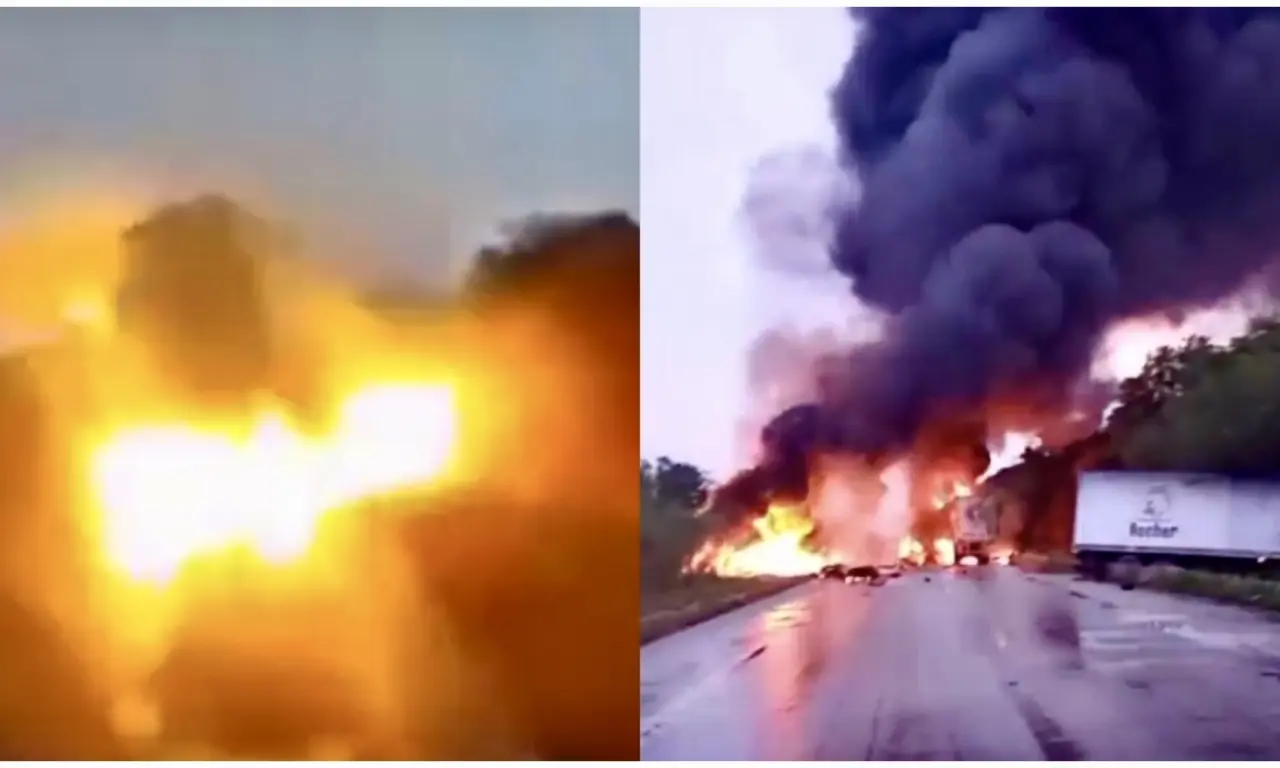  Momento exacto del choque entre tráileres en Campeche | VIDEO 