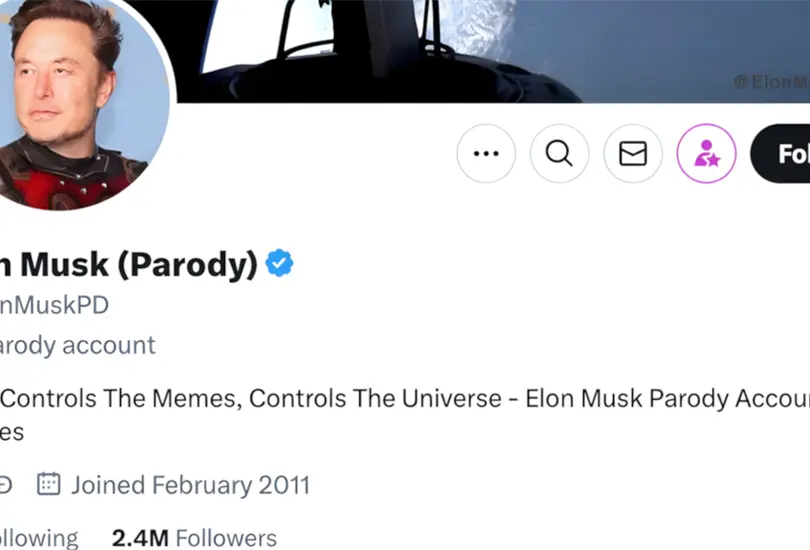 Ejemplo de un usuario parodiando a Elon Musk. Podemos observar la etiqueta bajo su nombre que categoriza a la cuenta como s&aacute;tira.