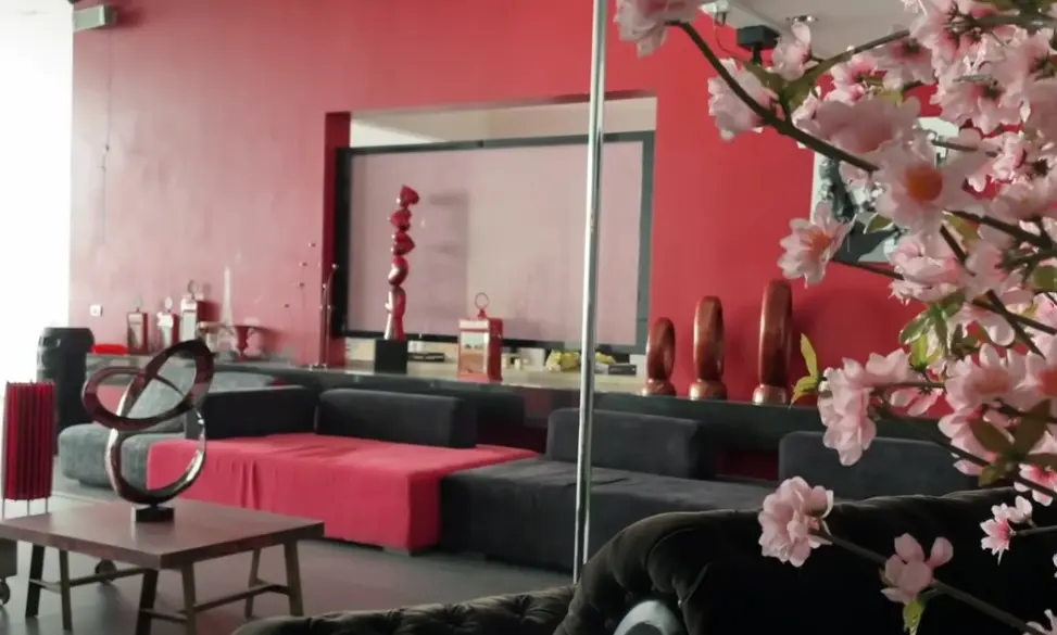 En el primer piso, hay una estancia con sillones negros y un tubo para bailar, que adaptó para sus fiestas.<br>