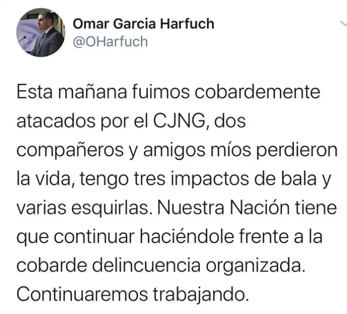 Harfuch acusó al Cártel Jalisco Nueva Generación como responsable de l ataque. Ig: Omar García Harfuch.