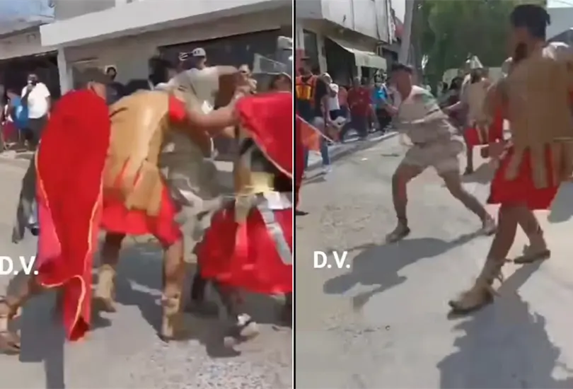 Soldados romanos arrastran a actor y este se defiende a golpes