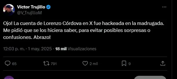 Hackean cuenta de X de Lorenzo Córdova Especial