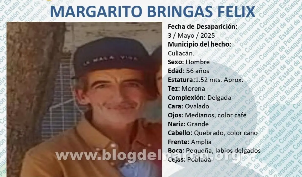  Margarito Bringas Felix desapareció el 3 de mayo en Culiacán. 