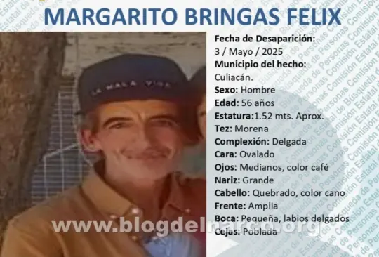 Margarito Bringas Felix desapareció el 3 de mayo en Culiacán. Margarito Bringas Felix desapareció el 3 de mayo en Culiacán.