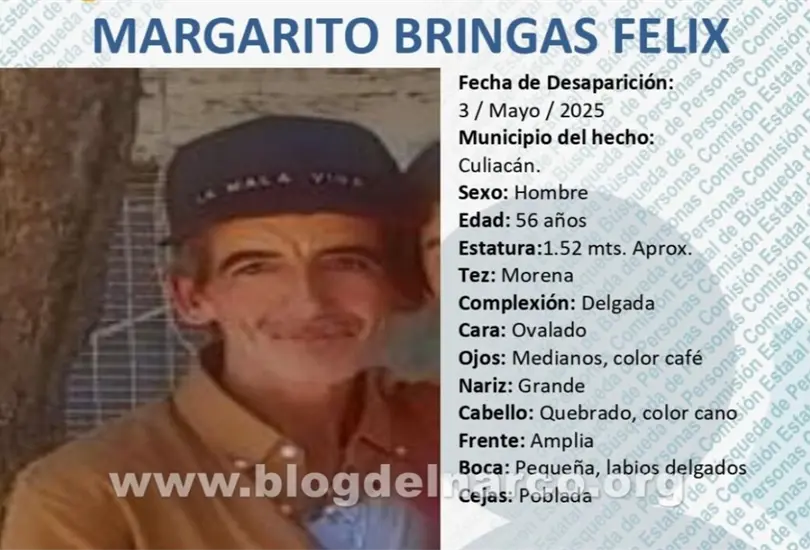 Margarito Bringas Felix desapareci&oacute; el 3 de mayo en Culiac&aacute;n.