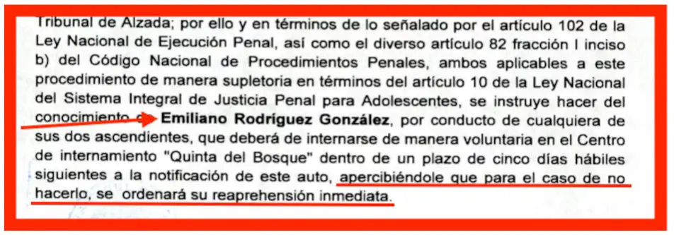 La orden judicial exigía que Emiliano se presentara voluntariamente para cumplir su sentencia; sin embargo, no acudió y se desconoce su paradero. Especial
