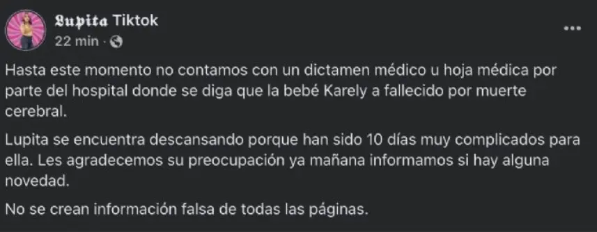 Desmienten muerte de la hija de Lupita TikTok. Especial
