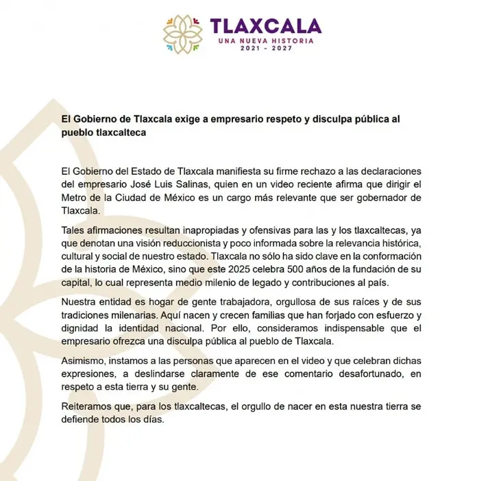 El Gobierno de Tlaxcala exigió una disculpa pública. Facebook Gobierno de Tlaxcala.