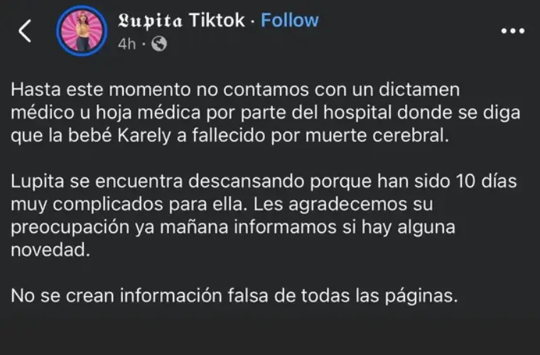 Desmintieron que la niña haya fallecido. RRSS.