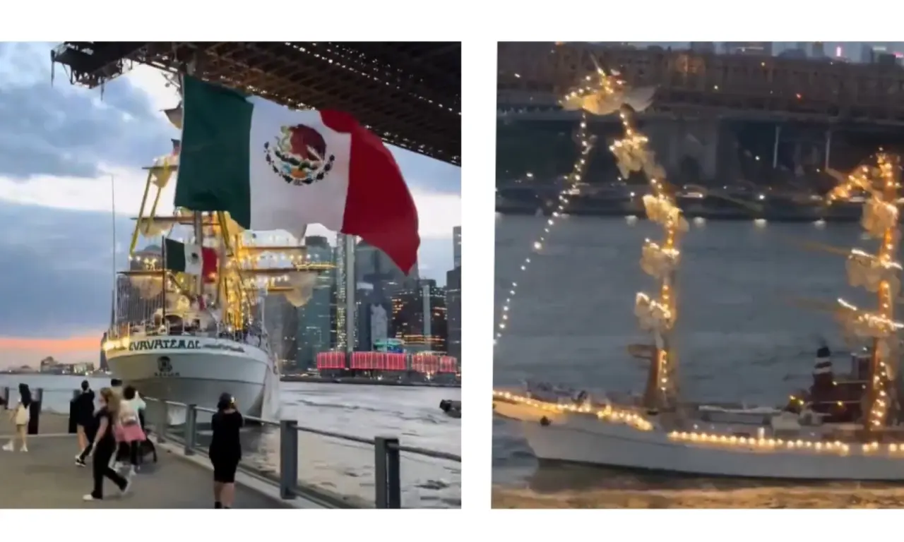  Buque Cuauhtémoc de la Marina choca con puente de Brooklyn en Nueva York 