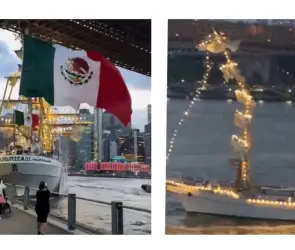 Buque Cuauhtémoc de la Marina choca con puente de Brooklyn en Nueva York