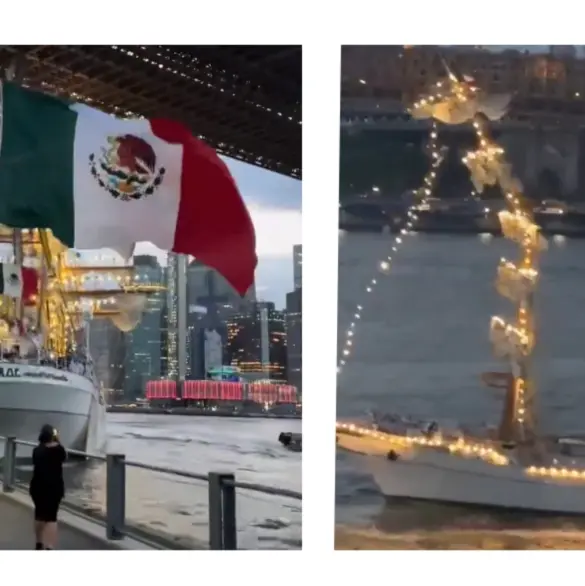 Buque Cuauhtémoc de la Marina choca con puente de Brooklyn en Nueva York