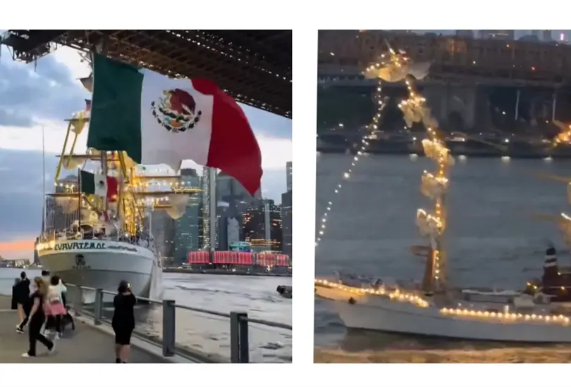 Buque Cuauht&eacute;moc de la Marina choca con puente de Brooklyn en Nueva York