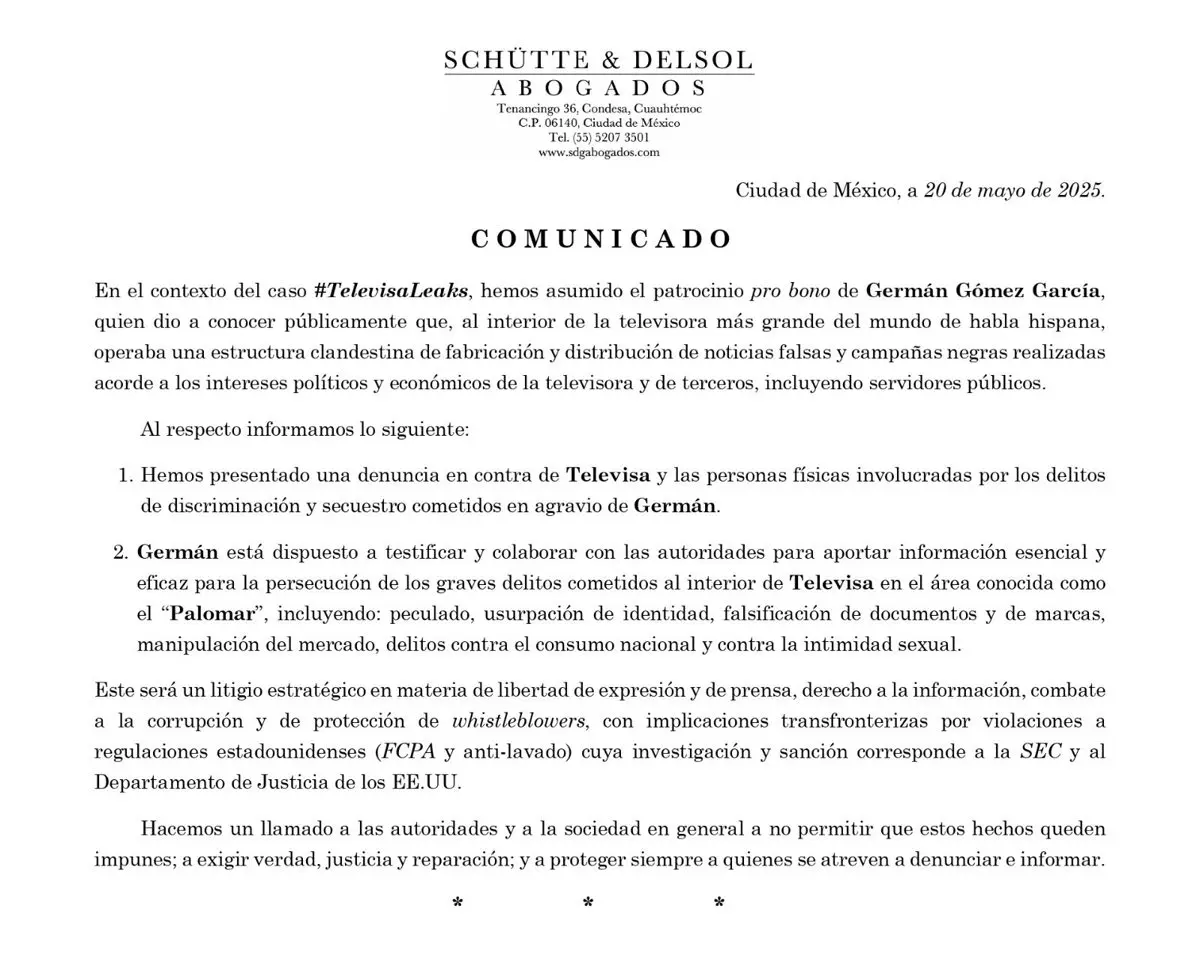 El bufete Schutte & Delson anunció que tomará la defensa legal —de forma gratuita— de Germán Gómez García, Especial