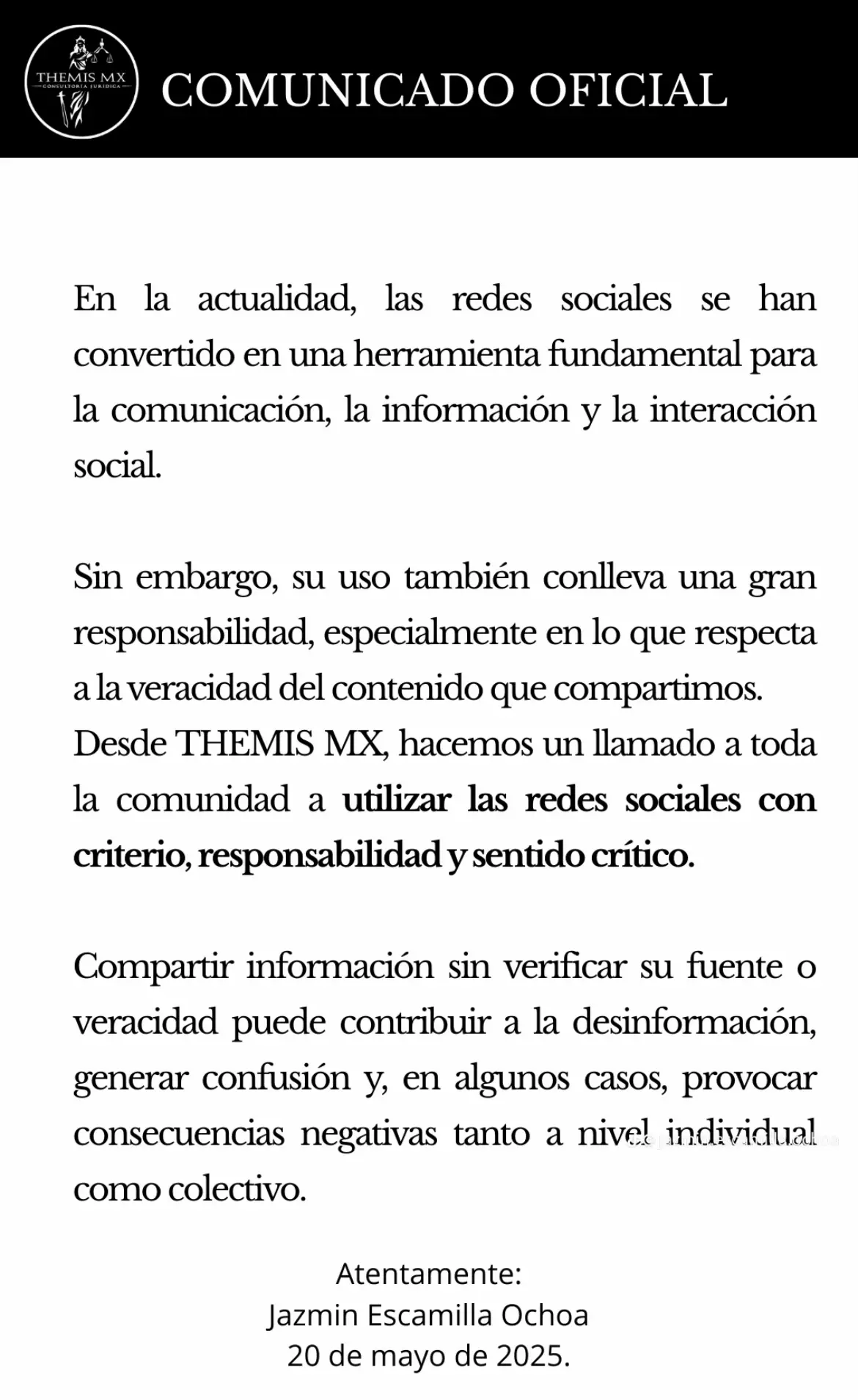 Comunicado emitido por parte de la defensa de Érika. Jazmin Escamilla Ochoa