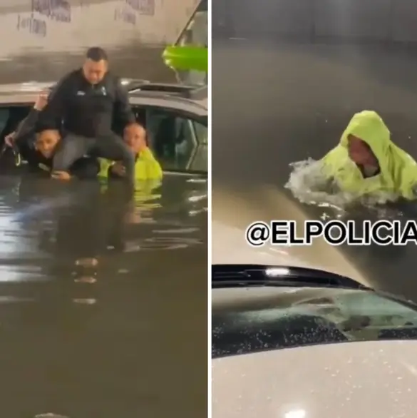 "Aplausos": captan a policía sumergiéndose en aguas negras para liberar a conductor atrapado en inundación