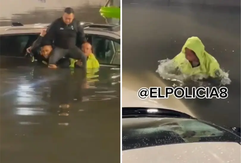 El polic&iacute;a se sumergi&oacute; en las aguas negras para liberar al conductor.