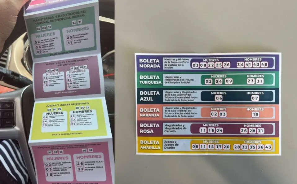Acordeones que circulan en redes sociales, para instruir por quién votar en la elección judicial del 1 de junio. Especial