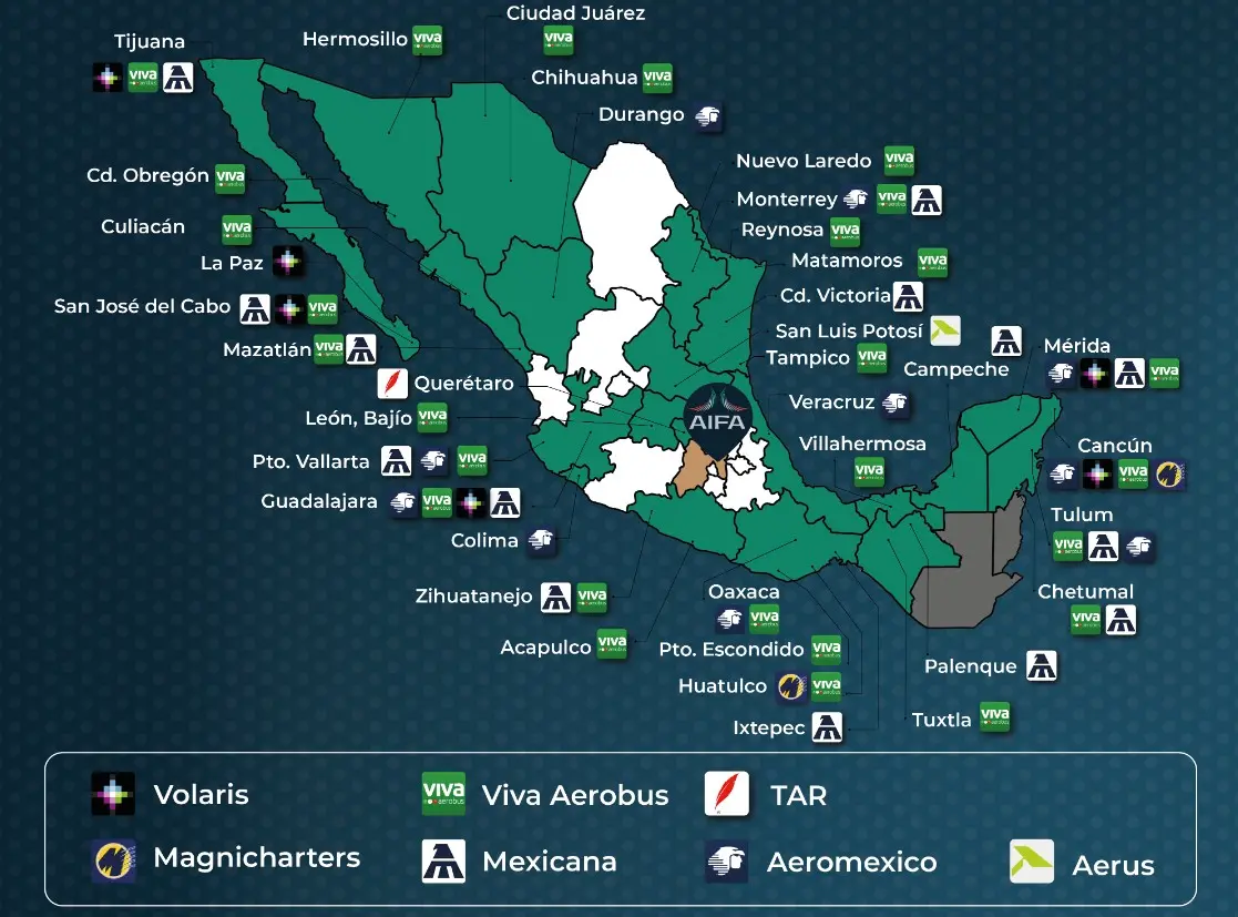 Los destinos nacionales del AIFA. AIFA.