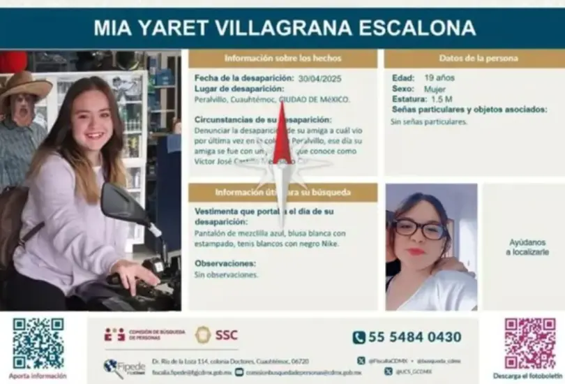 Ficha de búsqueda oficial de Mia Yaret Villagrana, desaparecida el 30 de abril en Peralvillo, CDMX. Ficha de búsqueda oficial de Mia Yaret Villagrana, desaparecida el 30 de abril en Peralvillo, CDMX.