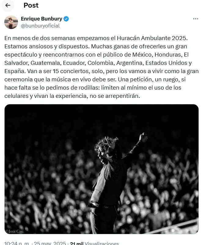 Bunbury pide no usar celulares X
