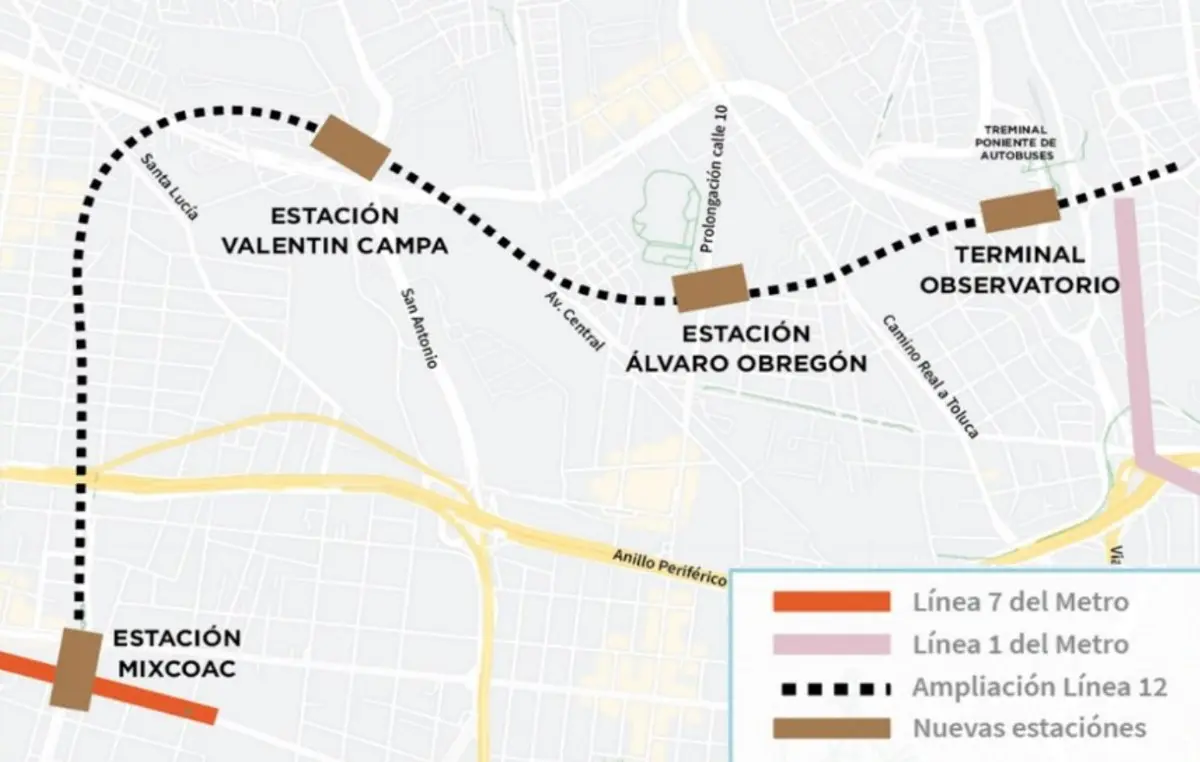 El mapa de las tres nuevas estaciones de la Línea 12. Fonadin.