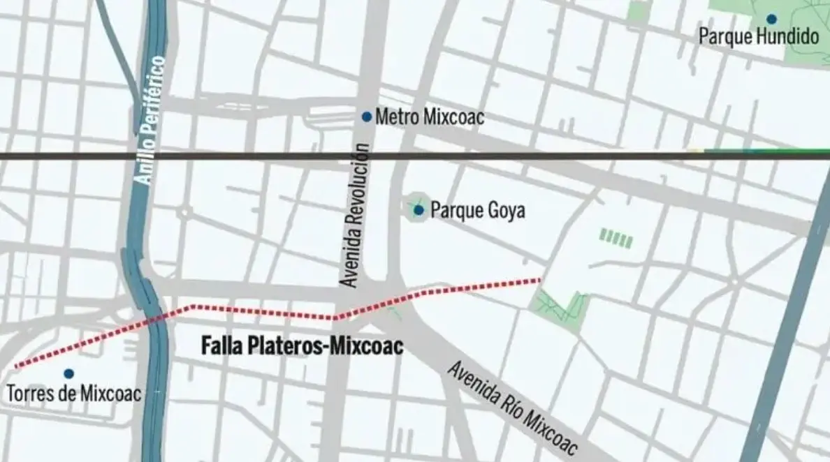 Las calles por donde pasa la falla de Plateros. UNAM.