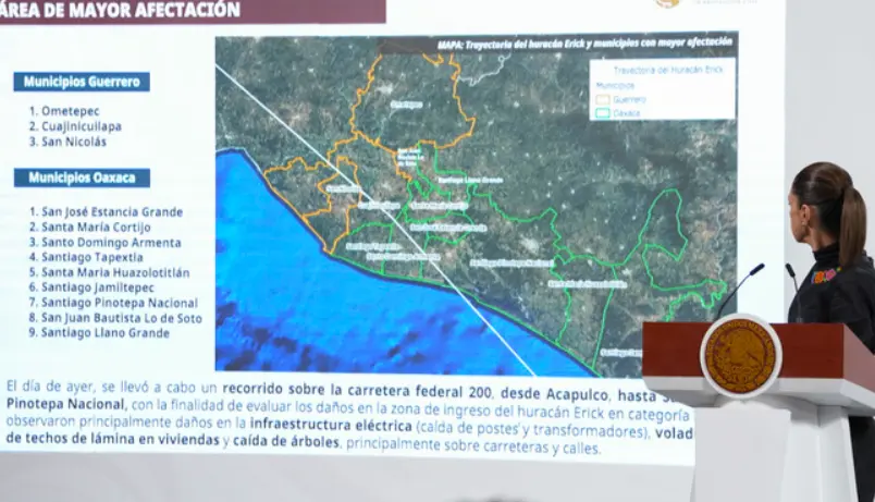 En Oaxaca, se registraron 70 viviendas con daños menores, nueve derrumbes carreteros y la caída de nueve árboles. Presidencia.