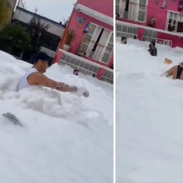 Hombre juega con espuma tóxica tras las lluvias en Edomex y termina en urgencias