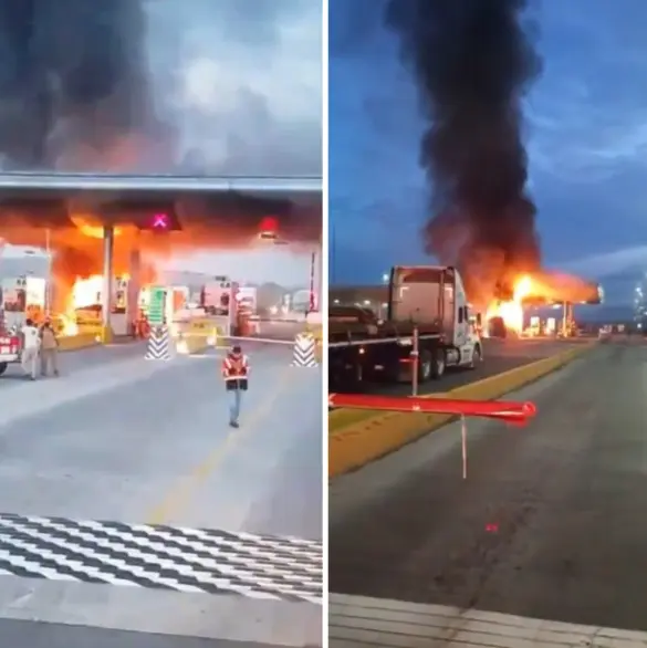 No llegaron a sus trabajos: Momento en que camión de pasajeros se incendia tras chocar contra caseta de cobro