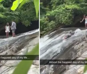 Hombre pide matrimonio en la cima de una cascada y es engullido por la corriente