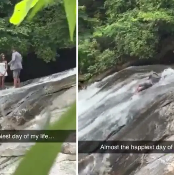 Hombre pide matrimonio en la cima de una cascada y es engullido por la corriente