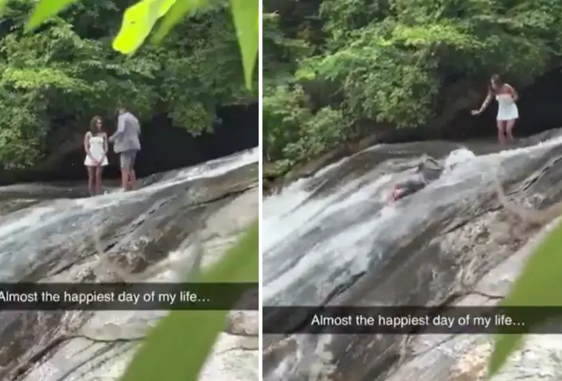 Pidió matrimonio en una cascada y fue arrastrado por la corriente Pidió matrimonio en una cascada y fue arrastrado por la corriente
