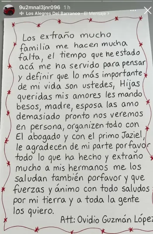 Presunta carta de Ovidio Guzmán. Especial