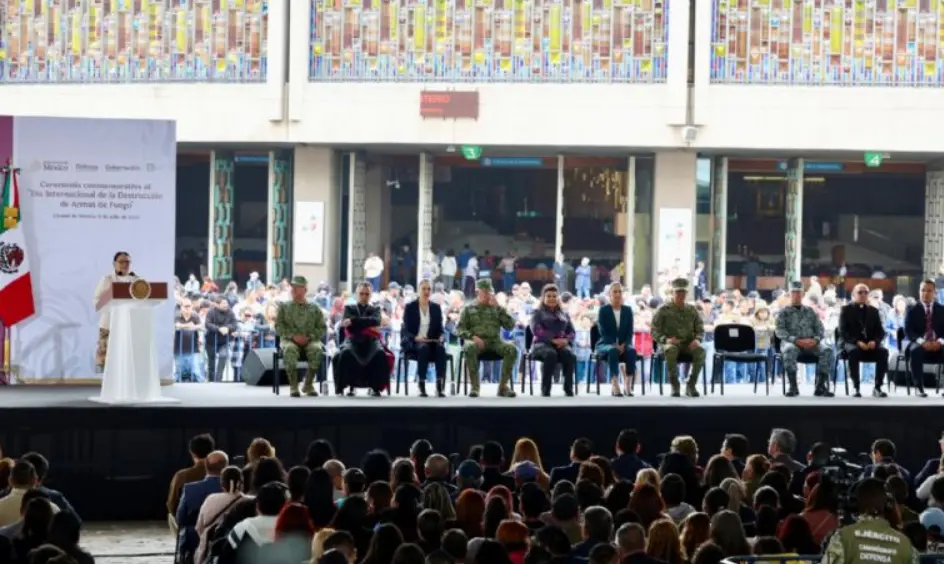 Sheinbaum durante la conmemoración del Día Internacional de la Destrucción de Armas de Fuego en la Basílica de Guadalupe. Especial