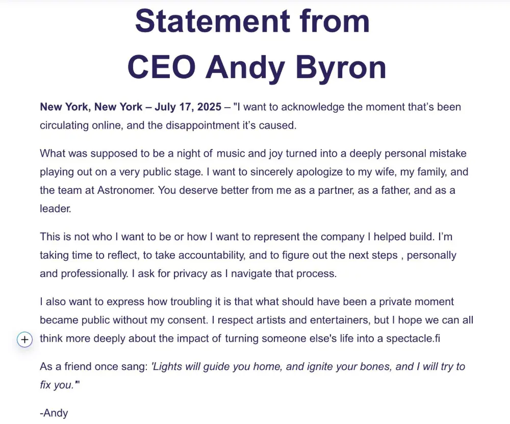 Comunicado de Andy Byron. Especial