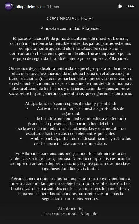 El club Alfa Pádel se deslinda de los agresores Especial