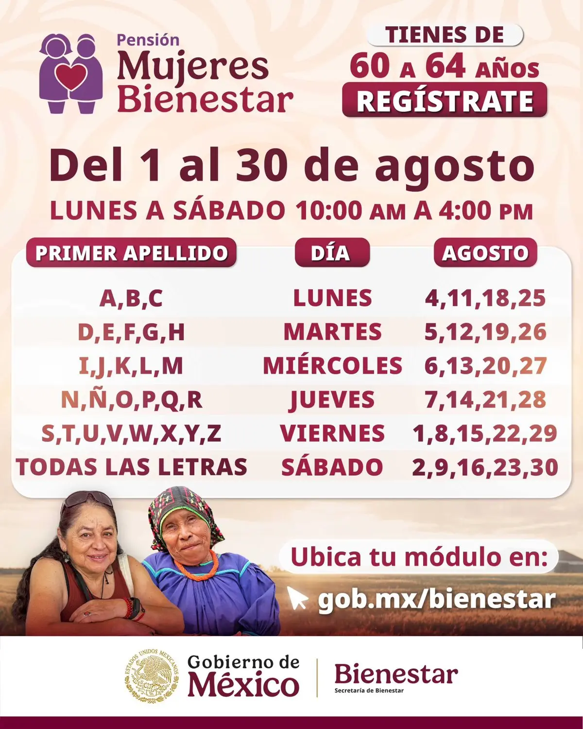 Calendario Mujeres Pensión Bienestar Especial