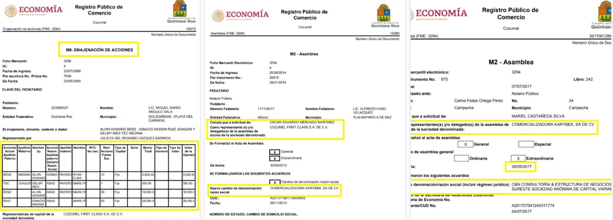 Cozumel First Class fue modificada en su nombre a Karybek y C&N Consultoría. Especial