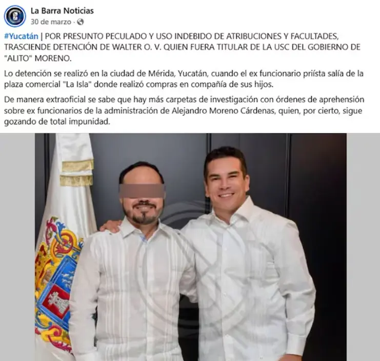 Imagen de redes sociales de medio local en el que se reportó la detención del extitular de Comunicación Social en el gobierno de Alito Moreno. Especial