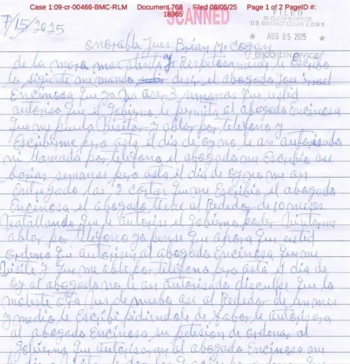 La carta que El Chapo Guzmán envío al juez Brian Cogan. Especial