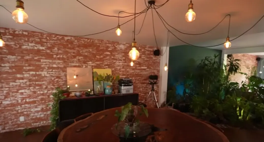 En el comedor tiene un tornamesa para escuchar música y su colección de cámaras.