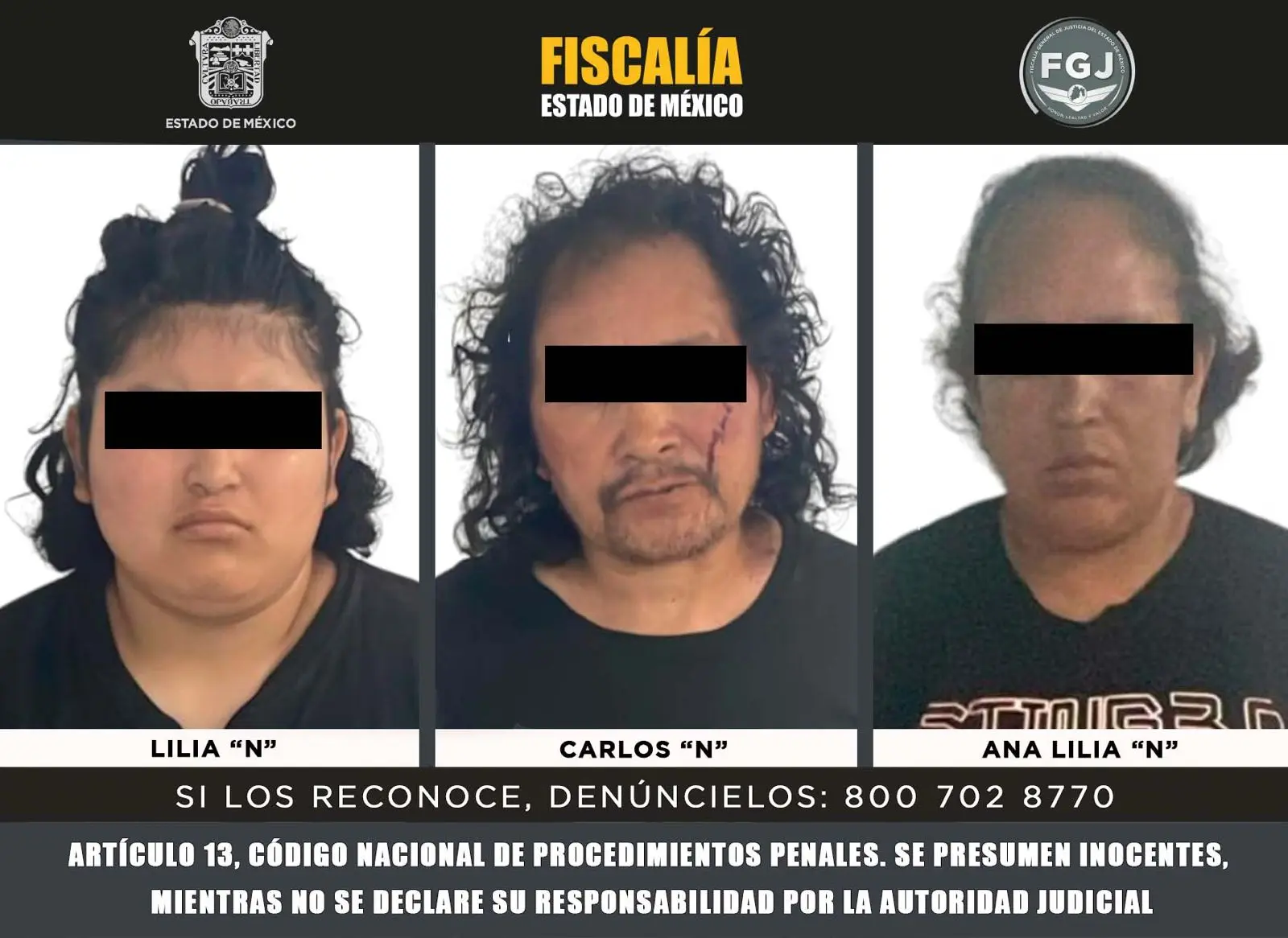 Los tres detenidos por el caso Fernandito. X: @FiscaliaEdomex.