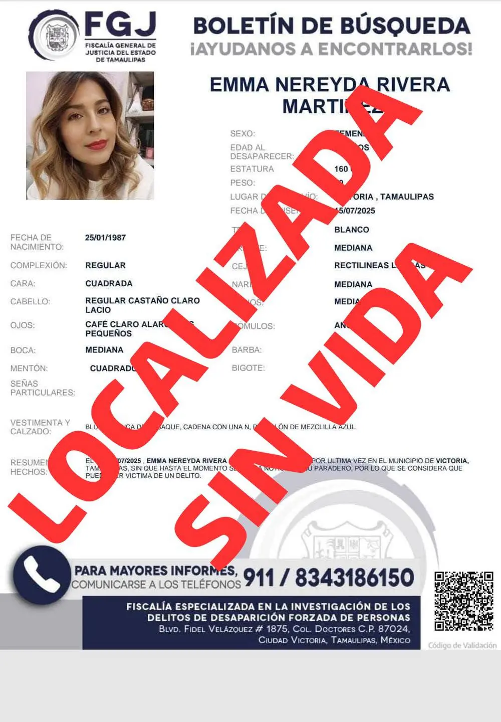 Emma Nereyda Rivera fue encontrada sin vida. Especial.