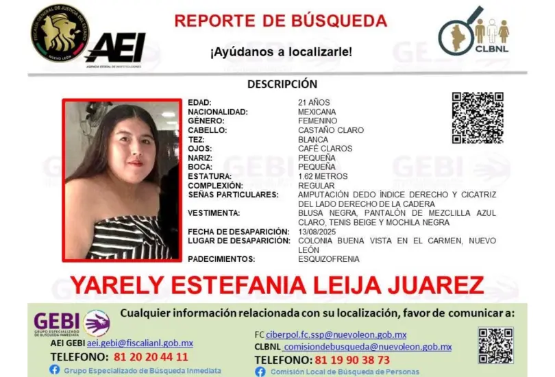 Desaparece joven con esquizofrenia: Fiscalía busca a Yarely Estefanía