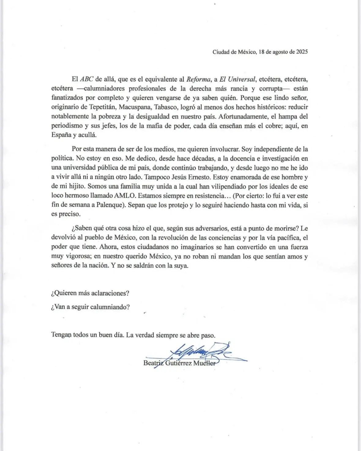 Beatriz Gutiérrez Müller desmiente rumores de vivir en España Especial