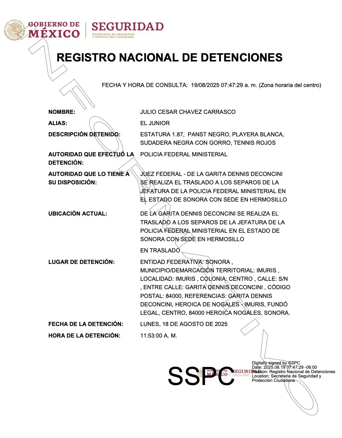 Julio César Chávez ya fue entregado a las autoridades mexicanas. Especial.