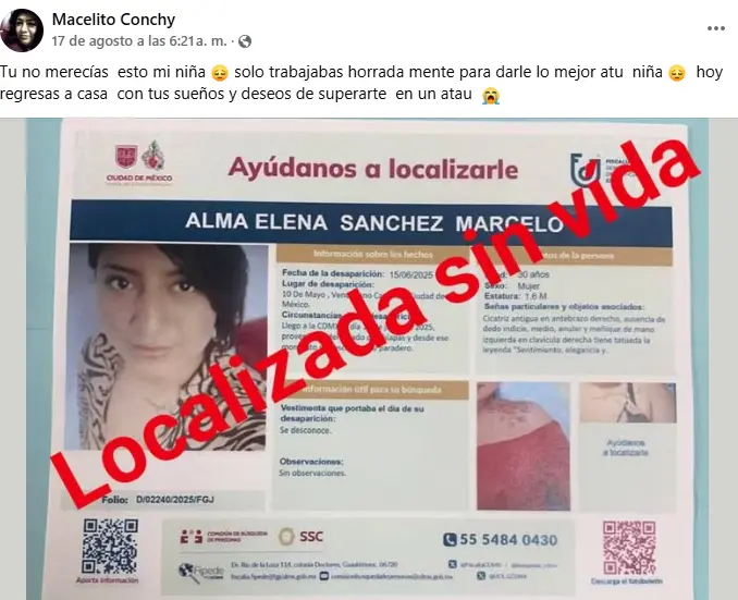 El último mensaje que envió a su hija. Facebook.